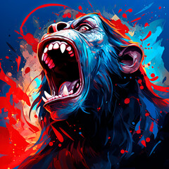 Mad monkey. Blue and red paint splashes. Generative AI