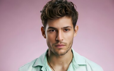 Obraz premium portrait of a charming young male model with casual clothing standing posing and looking at camera, close up, cinematic light, very handsome man.