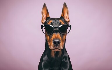Dog wearing sunglasses, pastel color background.