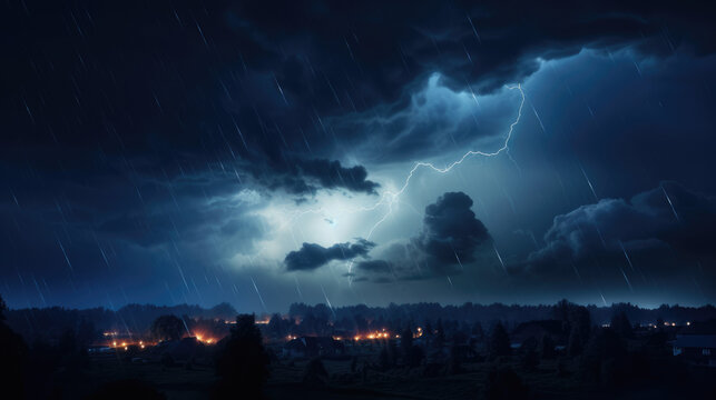 Nuages sombres, orage au-dessus de maisons &eacute;clair&eacute;es sous une pluie intense.