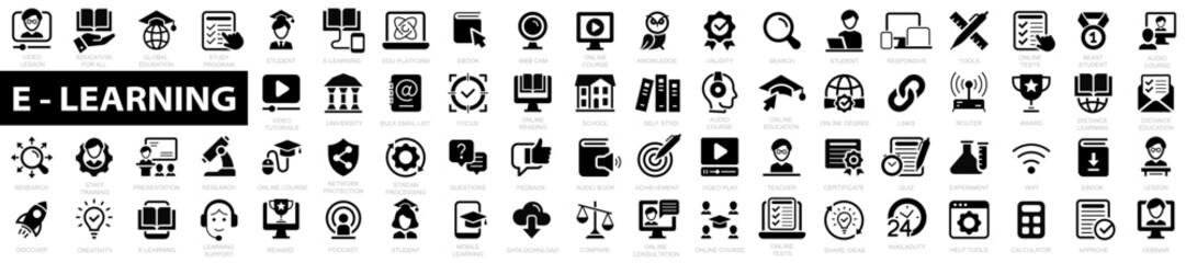 Electronic learning flat icon set. Online education icons. Distance learning, e-learning, online course, audio course, video tuition, educational website, digital education and more. Vector icons - obrazy, fototapety, plakaty