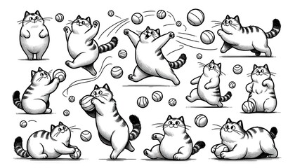 Drawing of cute chubby cats in various poses: playing with balls, jumping, watching and relaxing. The cats are made in black and white graphics, with an emphasis on expressive eyes and fluffy fur