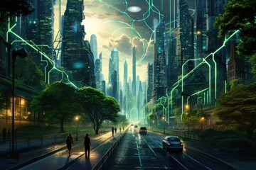 futuristic city with glowing green energy patterns and a serene park setting - obrazy, fototapety, plakaty