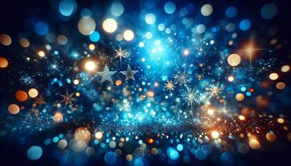 Magic blue holiday abstract glitter background with blinking stars. Blurred bokeh of Christmas lights. Happy New Year and Merry Christmas banner