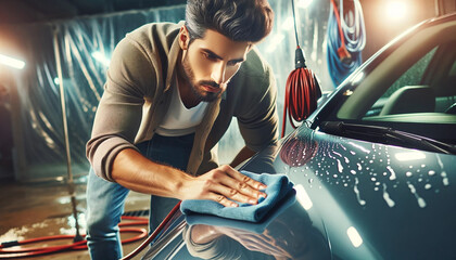 man cleaning car with microfiber cloth, car detailing (or valeting) concept. Car wash background