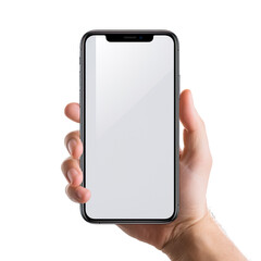 Hand holding a smartphone. Transparent mobile screen mockup. No background. - Generative AI