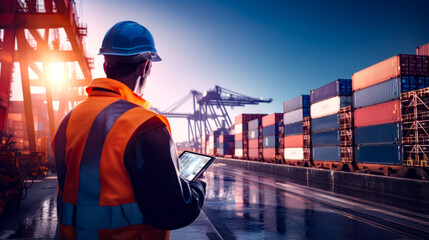 Man in orange vest holding tablet in front of shipping containers. - obrazy, fototapety, plakaty