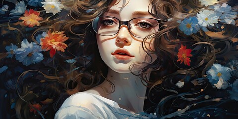 illustration of a young woman covered in flowers and eyeglasses, generative AI