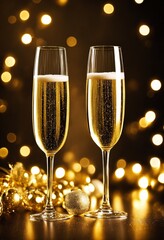 champagne in glasses and golden christmas balls - for celebration cards like christmas, new years eve and other events