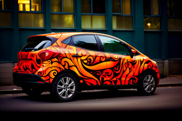 Car painted with orange and red designs on the side of the road.
