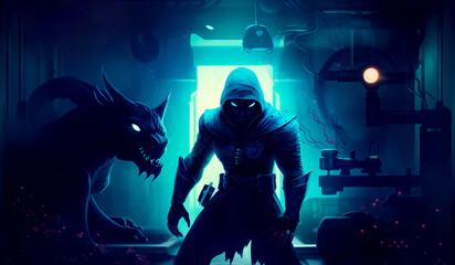 Man in hoodie standing next to demon in dark room.