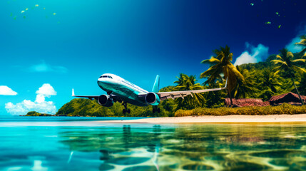 Airplane flying over tropical island with beach in the foreground.