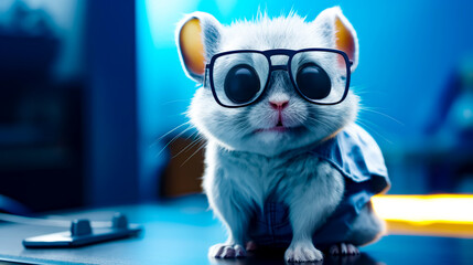 Small mouse wearing glasses on top of blue table next to keyboard. - Powered by Adobe
