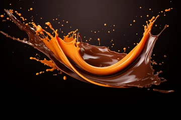 Fototapeten Melted chocolate splash on black background Generative AI © Lathd