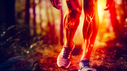 Close up of person's legs with trail running shoe on.