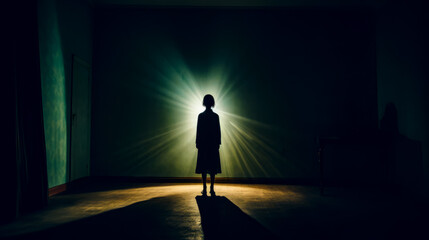 Person standing in dark room with light shining through the darkness.