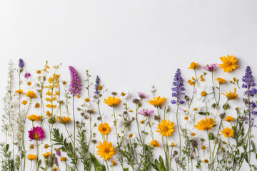 Flower composition. Colorful wild flowers on a white background top view. Floral abstract...