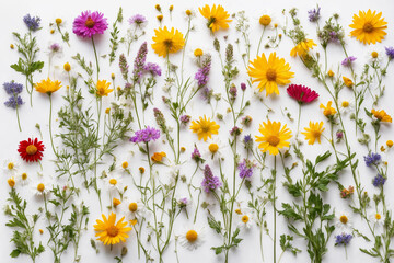 Flower composition. Colorful wild flowers on a white background top view. Floral abstract background. Generative Ai