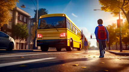 Yellow school bus driving down street next to person with backpack.