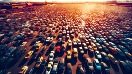 Obraz premium Large parking lot filled with lots of parked cars on top of sandy beach.