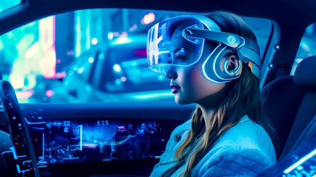 Woman in car wearing virtual headset and driving car.