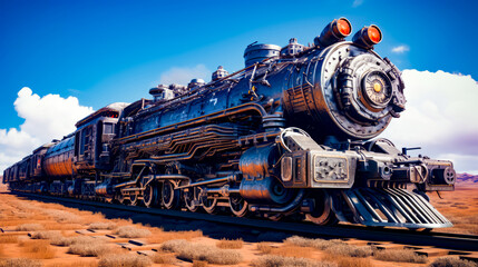 Large train on steel track in the middle of desert area.