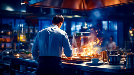 Man cooking in kitchen with flames coming out of the stoves. - Powered by Adobe