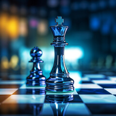 3D rendering of a chessboard with a striking close-up on a translucent blue king chess piece, showcased in a shallow depth of field against a blurred colorful background, exemplifying strategy and lea