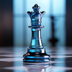 High-resolution 3D rendering of a chessboard from an angled top perspective focusing on a glass-like queen chess piece, with a soft-focus backdrop enhancing its regal and dominant stature.