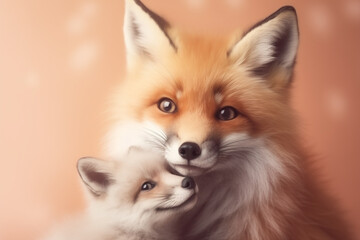 Obraz premium Red fox cub and mother cute portrait. mother's day concept