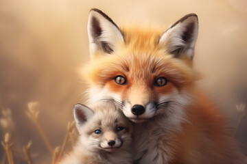 Fototapeta premium Red fox cub and mother cute portrait. mother's day concept banner with copy space
