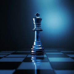 Elegant 3D rendering of a king chess piece in translucent blue, presented in a full vertical portrait orientation, capturing the essence of strategic gaming and decision-making.