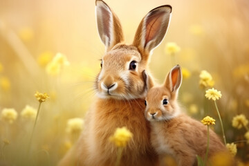sweet bunny rabbits family. adorable mother rabbit with her cub. copy space banner - obrazy, fototapety, plakaty