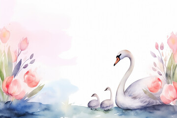 Pastel watercolor background with mother swan and her babies and flowers. copy space