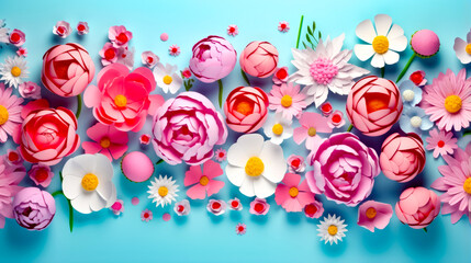 Fototapeta na wymiar Bunch of pink and white flowers on blue and pink background with white daisies.