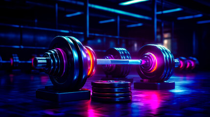 Row of dumbbells in gym with neon lights in the background. - obrazy, fototapety, plakaty
