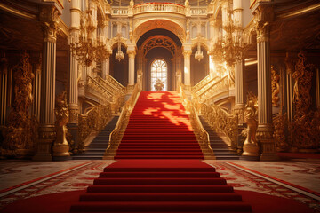 A realistic fantasy interior of the royal palace. gold and red palace. castle interior. Fiction Backdrop - obrazy, fototapety, plakaty