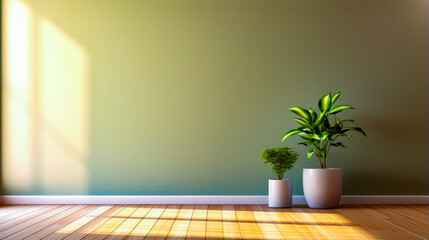 Two potted plants on wooden floor in front of green wall.