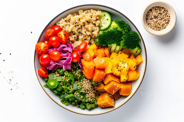 Vegan buddha bowl with baked pumpkin, quinoa, tomatoes, spinach, celery, radish, soybeans, edamame, tofu, cauliflower, broccoli and sesame seeds, white table background, top view - obrazy, fototapety, plakaty