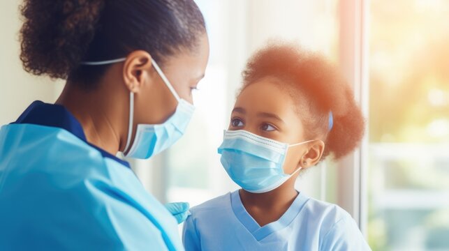 African American school nurse comforting a young student wearing a blue safety mask in a well-lit medical room. Generative AI.