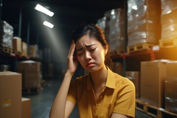 Stressed Asian female worker in a hot warehouse, struggling with the pressures of the logistics industry. Generative AI.