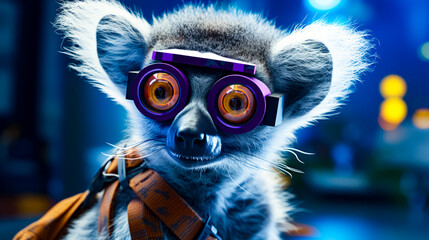 Close up of lemura wearing pair of goggles.