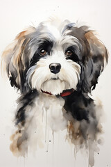Cute dark brown havanese dog with white tummy in watercolor