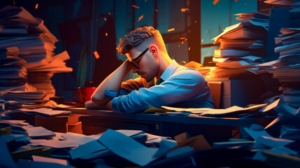 Man sitting at desk in front of pile of books and papers.