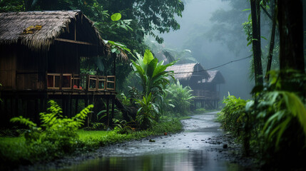 Fototapeta na wymiar Blurred Green rain forest and huts on a rainy morning. A typical house in the Amazon jungle