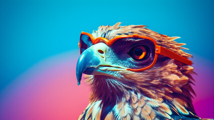 close up of a hawk with sunglasses on minimal vinrant background