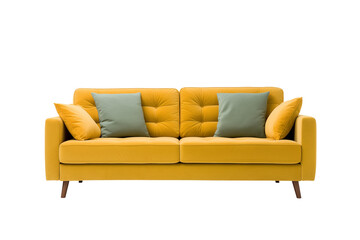 Modern yellow sofa isolated on transparent background. PNG file. Generative AI.