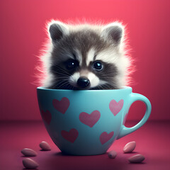 baby raccon in a cup of coffee, Valentine or happy birthday concept. Generative AI