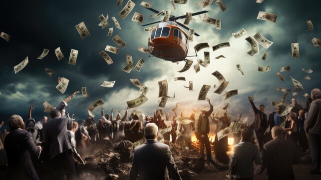 money drop from air to people in the city comeliness, concept of recession rescue by monetization economy