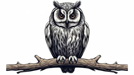 Foto auf Glas grey owl isolated on white background, linocut style, copy space, 16:9 © Christian